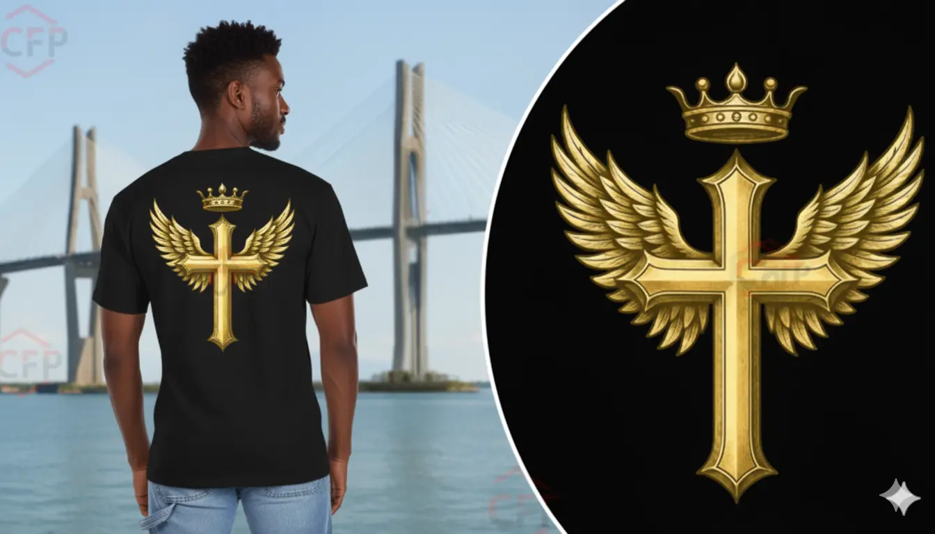 Suéter negro con diseño cristiano de alas, cruz y texto bíblico, símbolo de protección divina y poder de la fe.