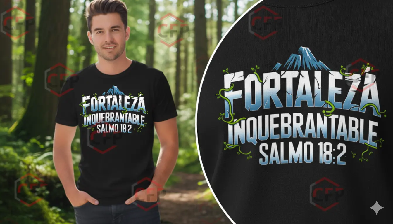 Suéter negro para hombre con mensaje cristiano Fortaleza Inquebrantable, Salmo 18:2, diseño de montaña y fe inamovible.