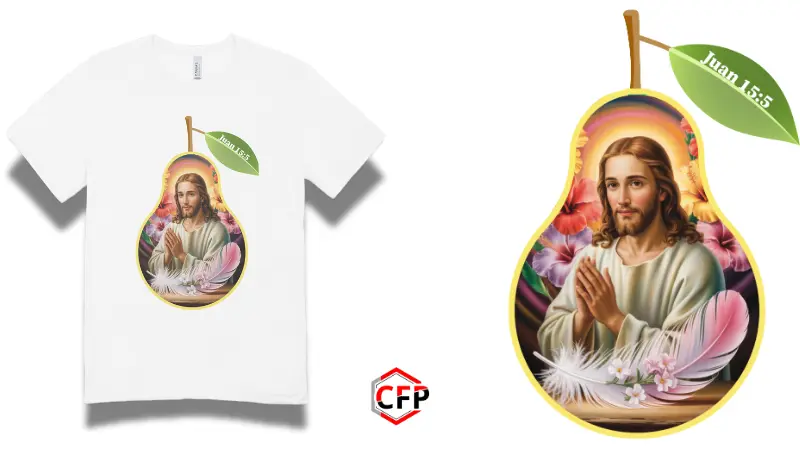 Suéter blanco con diseño de pera, imagen religiosa y cita bíblica Juan 15:5. Producto de CFP.