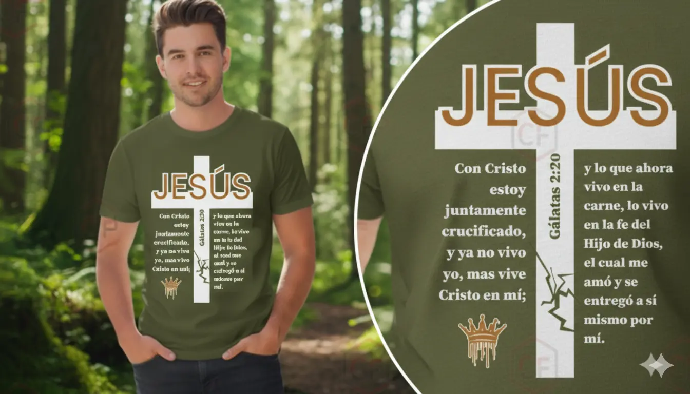 Suéter verde militar con diseño de cruz gris, nombre Jesús dorado, verso Gálatas 2:20, fractura en la cruz y corona de espinas. Producto de CFP.