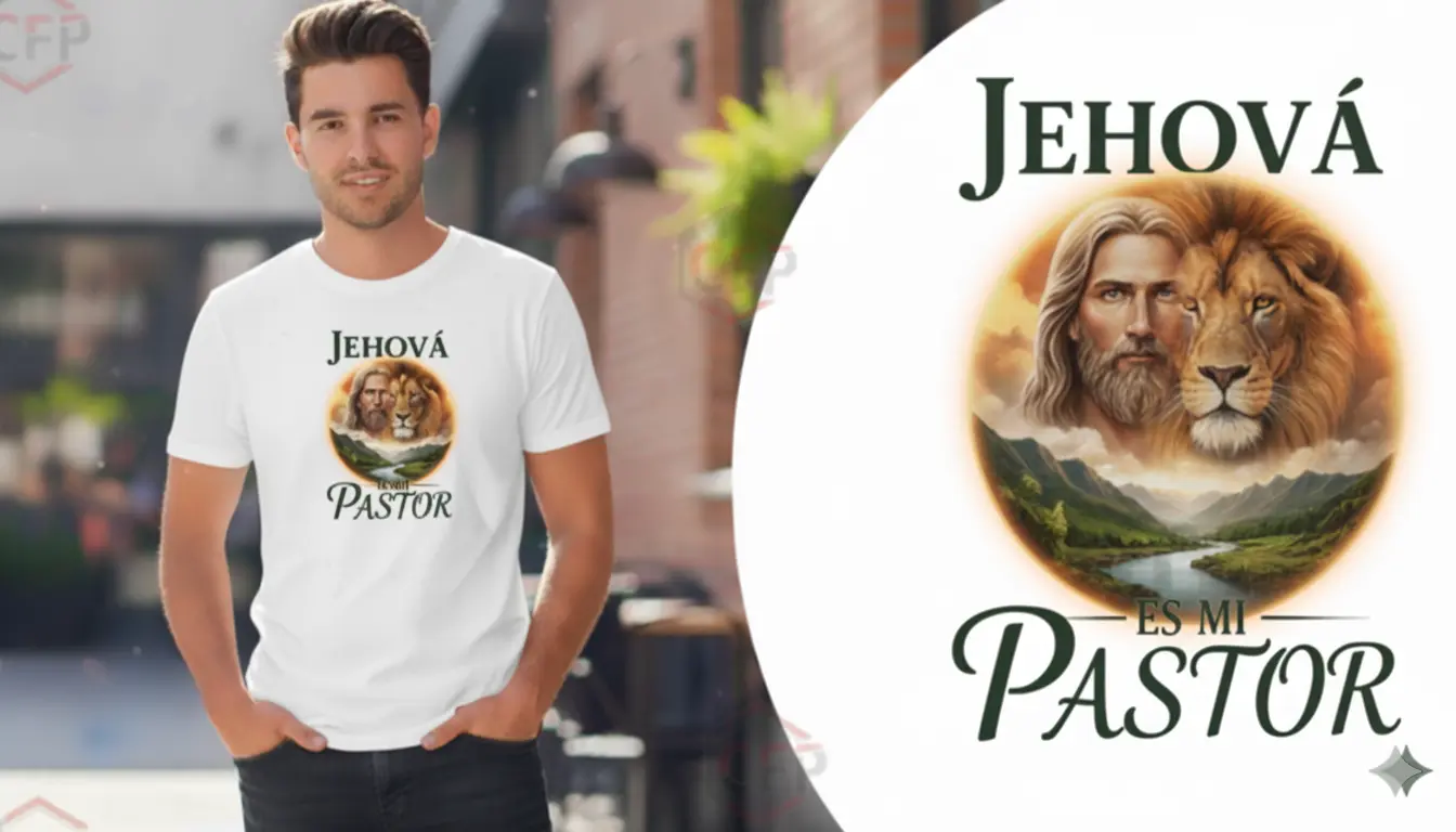 Suéter blanco con un diseño vibrante de Jehová y león en un aura de luz y energía. Producto de CFP.