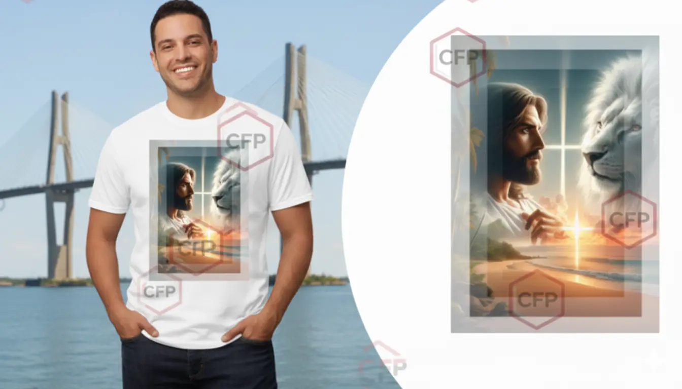 Suéter blanco con diseño de Jesús y león fusionados en fuego, rodeados de resplandor. Producto de CFP.