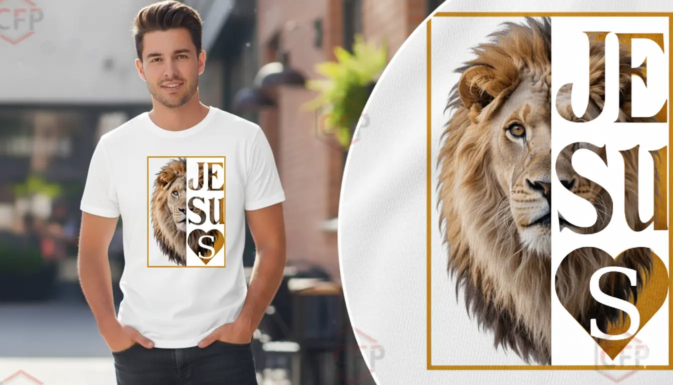 Suéter blanco Jesús Rugiente con diseño de león y fe, marco dorado, fondo blanco. Producto de CFP.