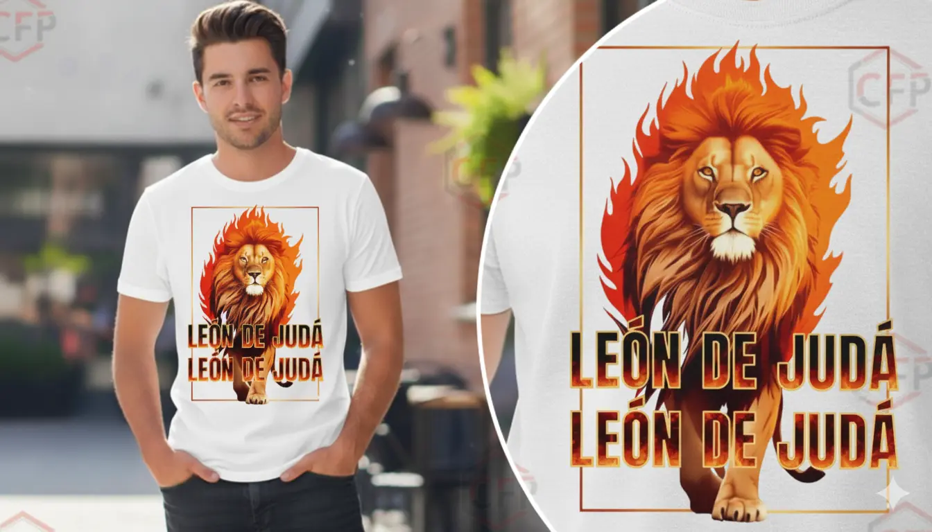 Suéter blanco diseño León de Judá en llamas, texto repetido, fondo blanco. Producto de CFP.
