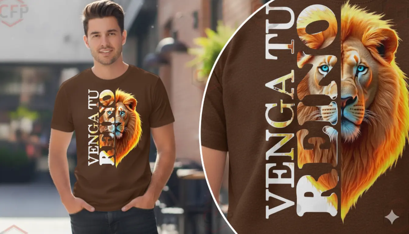 Suéter marrón con diseño de león y la frase Venga tu Reino. Producto de CFP.