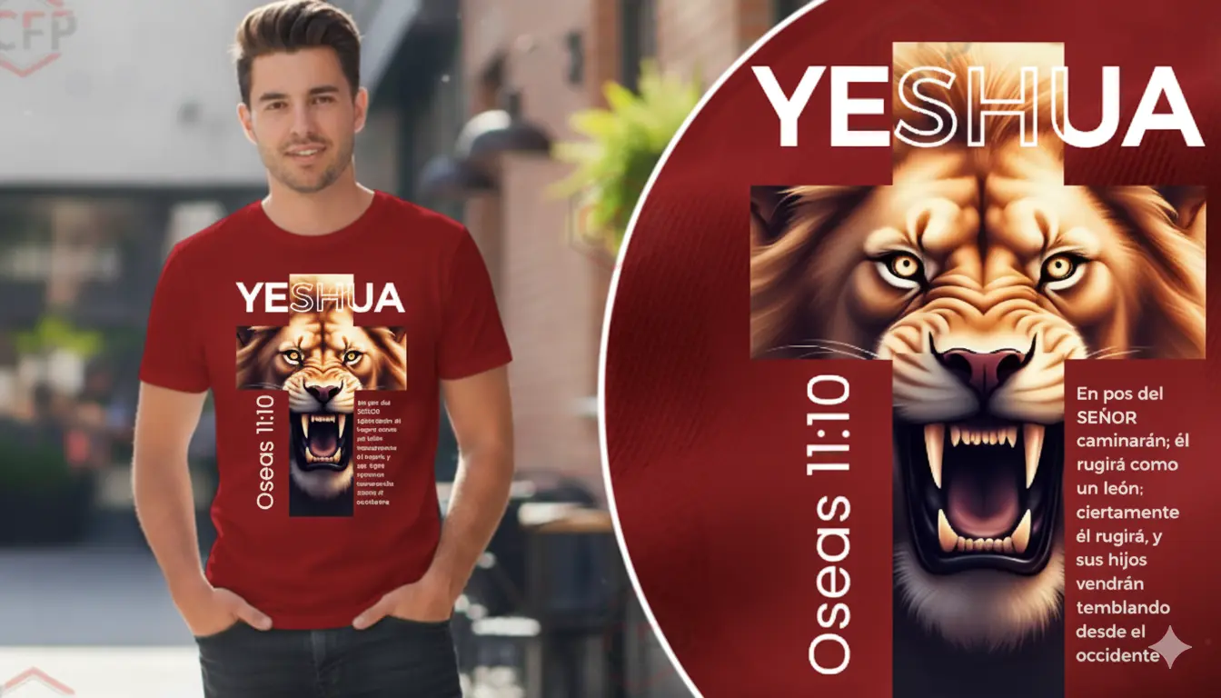 Suéter rojo Yeshua con diseño de león en cruz, verso Oseas 11:10 y texto bíblico, fondo rojo. Producto de CFP.